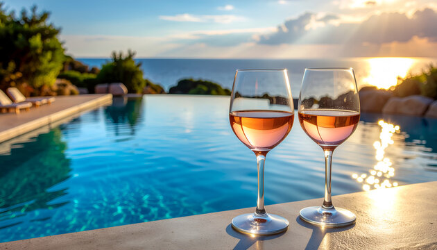 Two glasses of rose wine by infinity pool at sunset with sea view, luxury summer vacation and romantic evening concept.