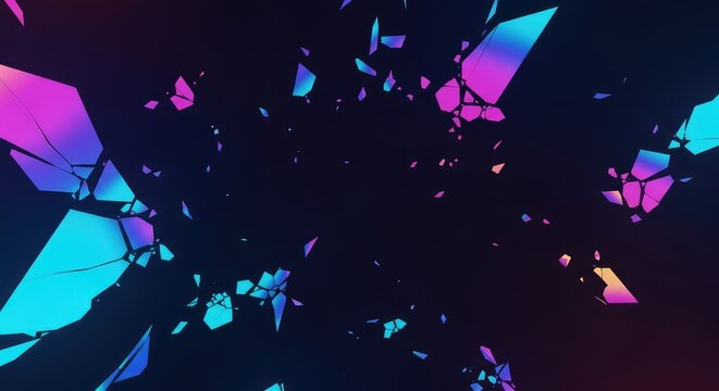 Abstract mosaic pattern showing fractured crystalline pieces scattering across a deep dimensional space, representing digital breakdown, modern, digital, disintegration