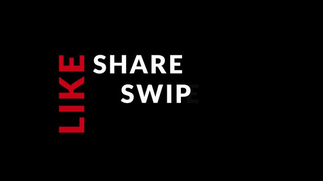 Animated words Like, Share, Swipe up, Click here in modern typography style. social media text animation, call to action, motion design, dynamic buttons, clean overlay