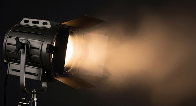 A bright spotlight illuminates a smoky haze against a dark background