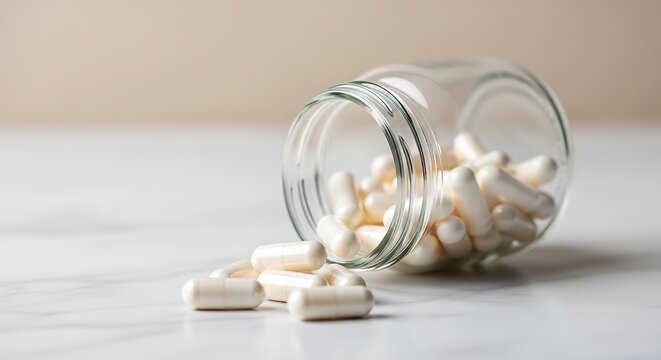 A clear glass jar tipped over, spilling white capsules onto a white marble surface
