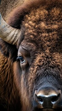 Slow tracking push in close up of bison head turning and breathing in prairie grassland pasture ranch during autumn daytime