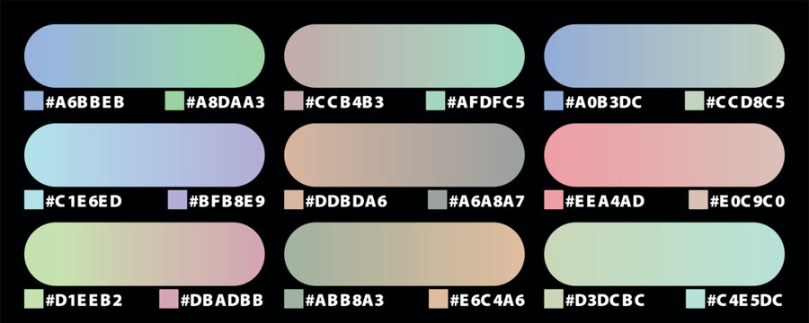 Pastel gradient color palette collection with hex codes, professional UI design swatches on black background, 9 soft aesthetic color schemes