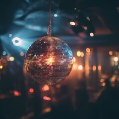 Fototapeta premium Close-up of a glittering disco ball illuminating walls and floor with rainbow light