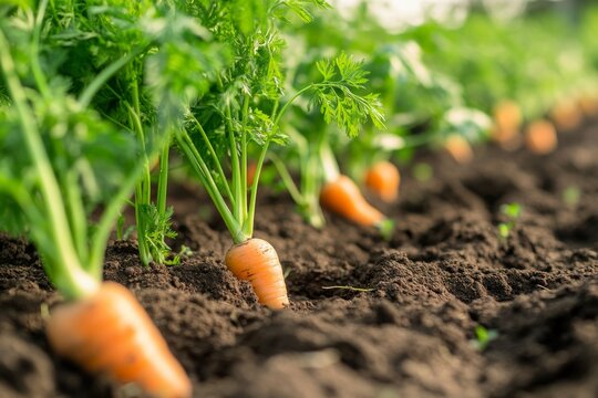 Close up of carrot plants growing in the field during daylight hours in a vegetable garden