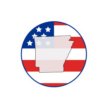 Arkansas state map over USA flag badge. Arkansas state map silhouette overlaid with the United States flag.