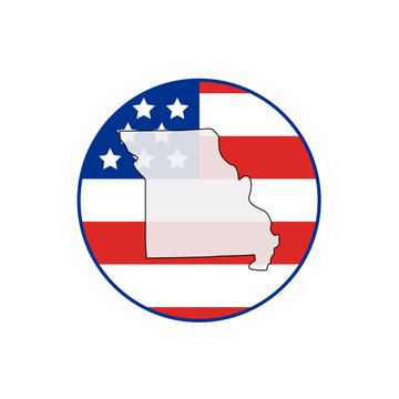 Missouri state map over USA flag badge. Missouri state map silhouette overlaid with the United States flag.