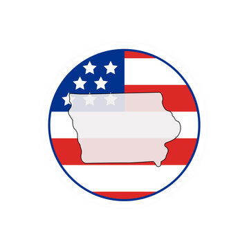 Iowa state map over USA flag badge. Iowa state map silhouette overlaid with the United States flag.