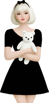 RETRO Cute Woman character holding a teddy bear in a black dress for fashion branding and sticker design
