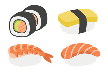 Delicious Japanese Sushi and Sashimi Set Flat Vector Illustration © bytaristudio
