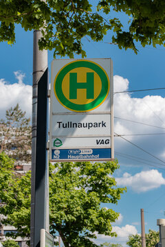 Nuremberg, Germany- May 1, 2025: Tullnaupark bus station sign for busses run by VAG company in Nuremberg