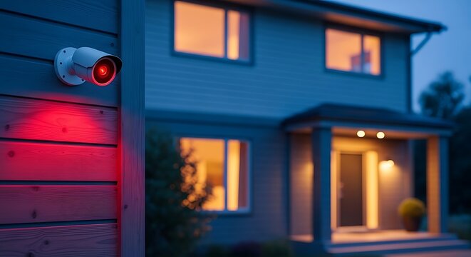 A security camera glows red, mounted on a wooden wall next to a house at dusk