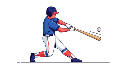 Fototapeta premium A baseball player in a blue jersey and white pants swings a wooden bat at a baseball in a dynamic illustration.