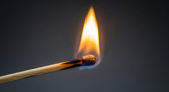 A single matchstick ignites, displaying flames against a grey backdrop, showcasing fire detail