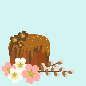 Easter cake with willow branches and spring flowers vector illustration. Traditional orthodox pascha bread isolated on blue background. Religious holiday design element for greeting card