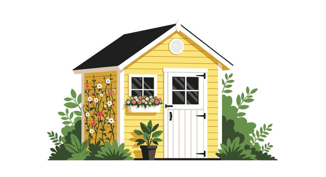 Charming yellow garden shed with floral details a delightful silhouette