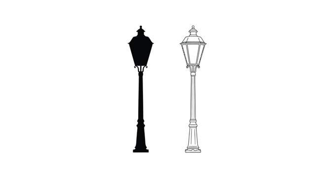 Two ornate street lamps one depicted as a striking black silhouette