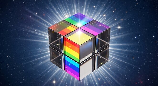 A vibrant, multifaceted cube with rainbow faces against a starry, glowing cosmic background