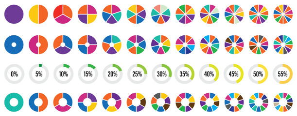 Pie charts diagram set. Circle pie charts 1,2,3,4,5,6,7,8,9,10,11,12 sections. Wheel round segment infographic part. Circle section graph. Pie charts diagrams set 