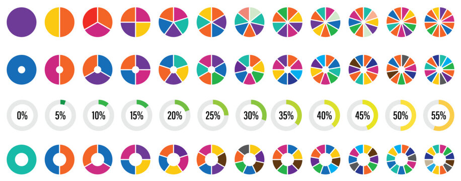 Pie charts diagram set. Circle pie charts 1,2,3,4,5,6,7,8,9,10,11,12 sections. Wheel round segment infographic part. Circle section graph. Pie charts diagrams set 