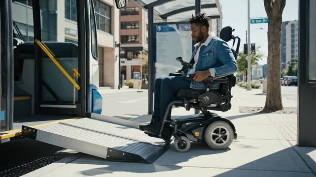 Person with physical disability exits bus using ramp in city at midday on a sunny day