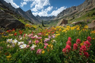 Fototapeta premium Colorful mountain meadow featuring columbine, Indian paintbrush and diverse wildflowers near Ouray