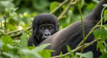 Fototapeta premium Adorable Baby Mountain Gorilla Peeking Behind Mother in Green Jungle