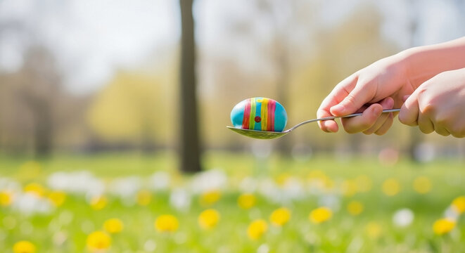 Child hand holds spoon with vibrant Easter egg, ready for lively Easter egg race. Bright spring day sets scene, young participant balancing egg during classic Easter egg race activity.