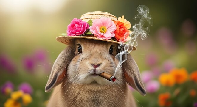 Anthropomorphic rabbit wearing a floral hat, smoking a cigar, in a vibrant garden