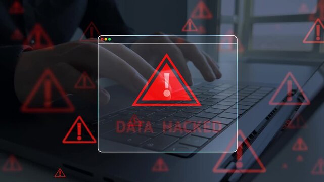 Hacked system warning on digital screen showing cyberattack alert, data breach and security risk. Cybersecurity concept with malware threat, network intrusion and protected data.