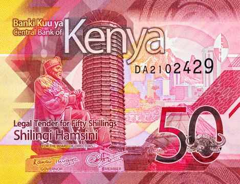 Banknote 50 Shillings Kenya with the image of the statue of the first president Jomo Kenyatta and the conference center. Money of Kenya and Africa.(Multiple values)