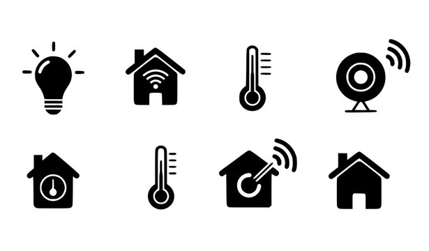 A set of eight black and white vector icons depicting smart home and temperature control symbols on a plain white background