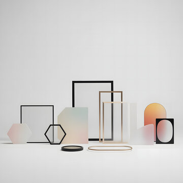 A meticulously arranged collection of frames and stands of various sizes, shapes, and materials, including black metal, natural wood, and light colors, displayed on a smooth white surface, showing dif