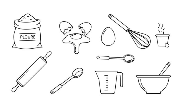 A set of black line illustrations depicting various baking tools and ingredients on a white background