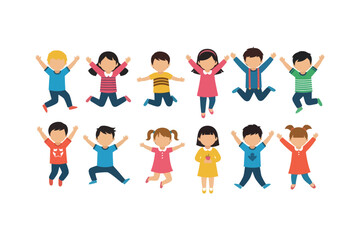Naklejka premium Diverse group of children joyfully jumping with arms raised high