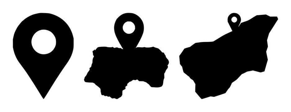 Map pin set with iconic location silhouette featuring map icon, pin outline, silhouette shape with vector design and line art detail