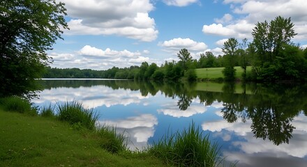 Obraz premium Calm lake reflects a bright blue sky with fluffy clouds, surrounded by green trees