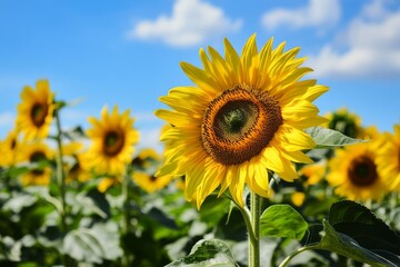 Obraz premium Promoting nature conservation through sunflowers and vegetable crops in a vibrant field under clear skies