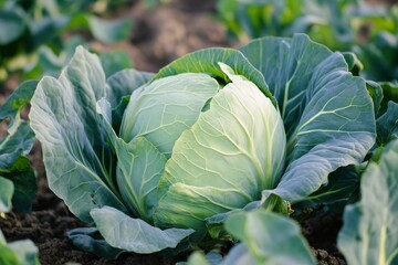 Obraz premium Ripe cabbage grows in a field under the bright sun during the warm days of late summer in a rural area