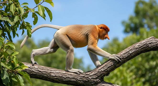 Proboscis monkey walking on a large tree branch in nature
