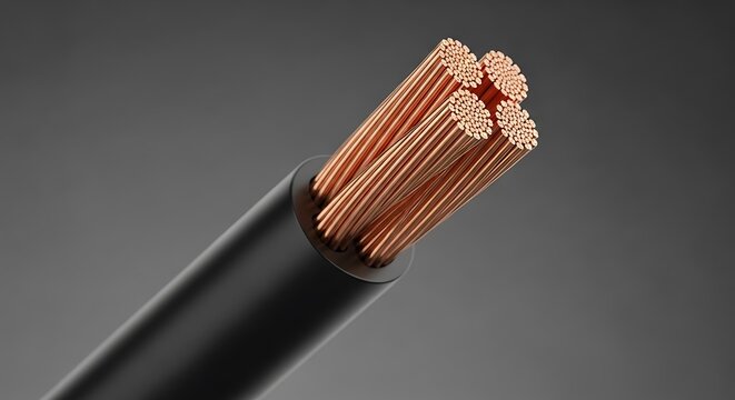 Close-up of a cut electrical cable, showing copper wires encased in black insulation