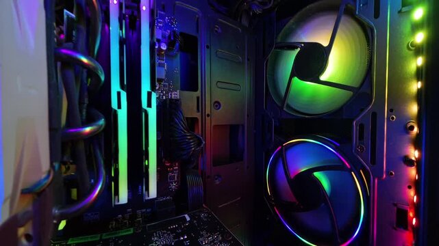 A dolly shot inside a gaming PC, moving closer to reveal vibrant RGB-lit cooling fans and detailed hardware components. The smooth motion highlights the illuminated and high-tech setup, creating an im
