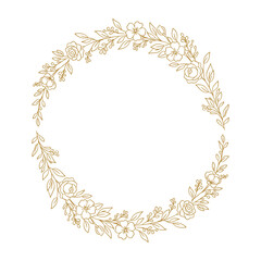 Elegancki złoty wianek kwiatowy. Ilustracja wektorowa w stylu line art. Okrągła ramka dekoracyjna z różami, drobnymi kwiatkami, liśćmi i gałązkami z jagodami. © Monika