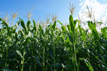 Obraz premium Tall green sweet corn stalks rise under sunny skies in a vibrant corn field during the warm summer months