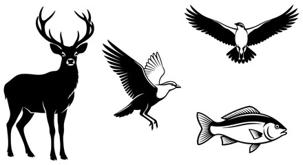 Naklejka premium Black silhouettes of deer, crow, seagull, and fish on white background