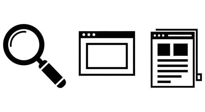 Simple black icons of a magnifying glass and web browser windows on a white background