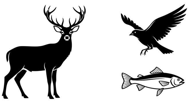 Silhouettes of deer, crow, and fish in simple black and white illustration