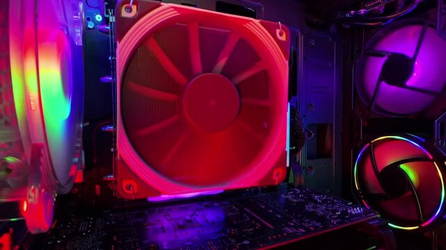 A zoomed-in shot inside a gaming PC, focusing on a hand touching the RGB-lit cooling fan. The vibrant lighting and detailed hardware components are illuminated, emphasizing the high-tech setup in an i