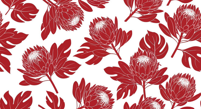 Seamless pattern featuring detailed red king protea flowers and lush tropical leaves for design