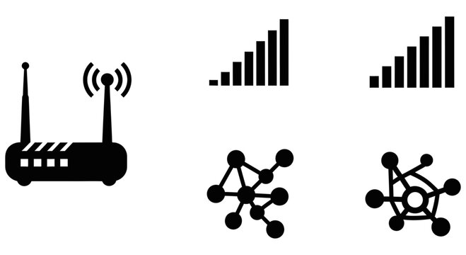Network connection and data exchange symbols with router and graphs